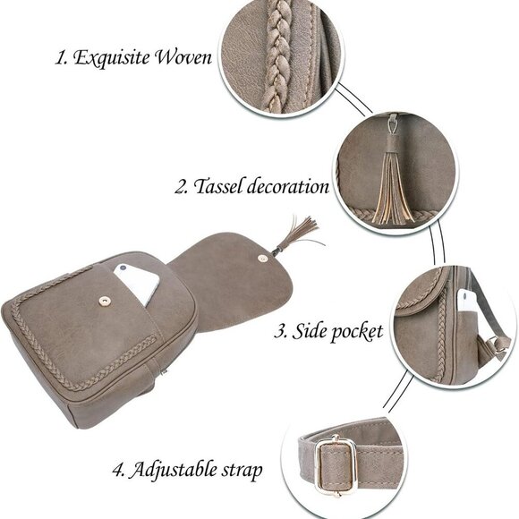 Small Synthetic Leather Backpack Purse for Women with Tassel Casual Khaki - Picture 3 of 5